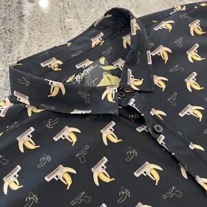 RETRO RIFLE Organic Style Mens Shirt 3XL Yellow Bananas Black Guns Button Down